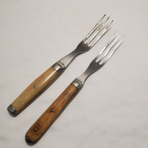 2 Bone Handled with Rivited Tang 3 Tined Steel Forks Grannycore Cottagecore